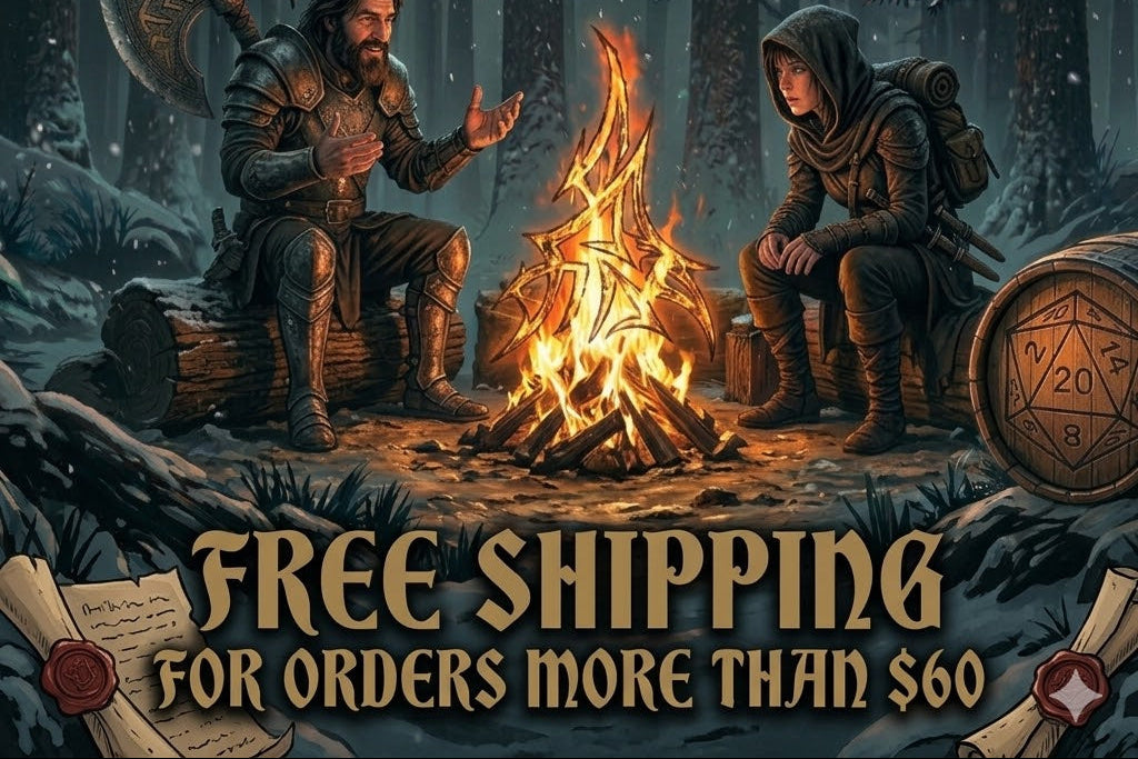 Two characters by a campfire in a forest with 'Adventurous Aromas' branding and free shipping offer.